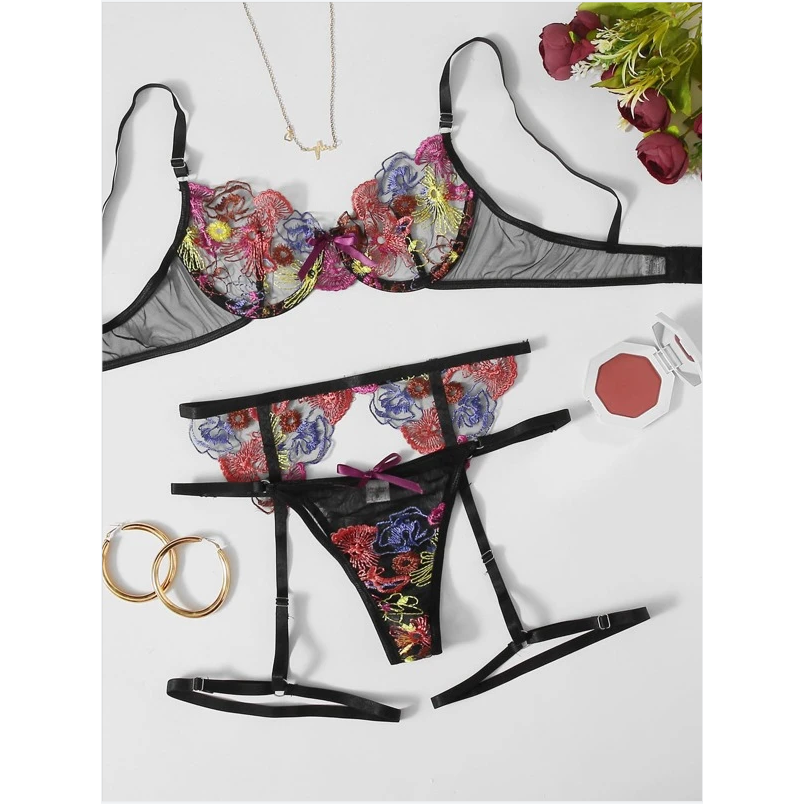 Multi Floral Garter Lingerie Set