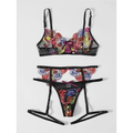 Multi Floral Garter Lingerie Set