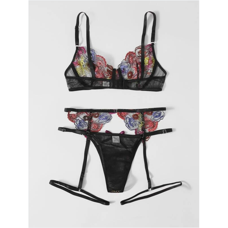 Multi Floral Garter Lingerie Set